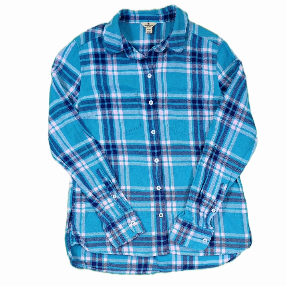 Woolrich Women's Shirt Plaid Flannel Long Sleeve Button Up‎ Blue Teal Pockets